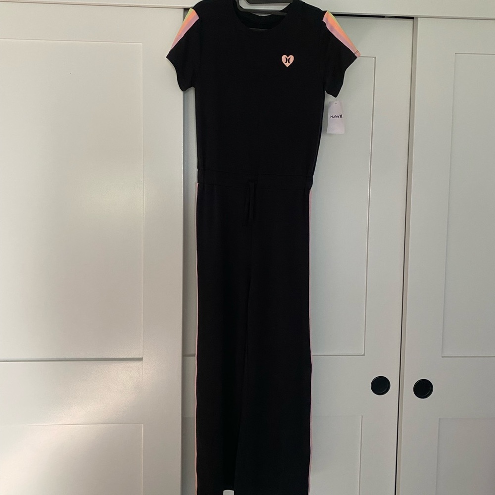 Girls NWT Black Hurley Jumpsuit Romper Wide Leg with Pastel Stripes M or L or XL